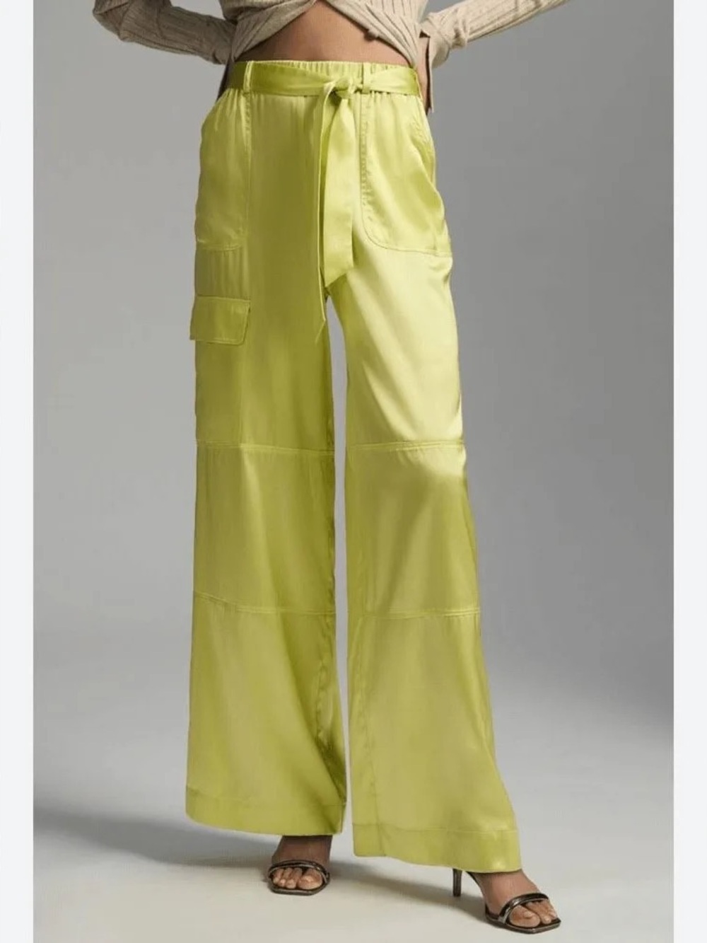 Anthropologie Lime Satin Wide-Leg Cargo Pants